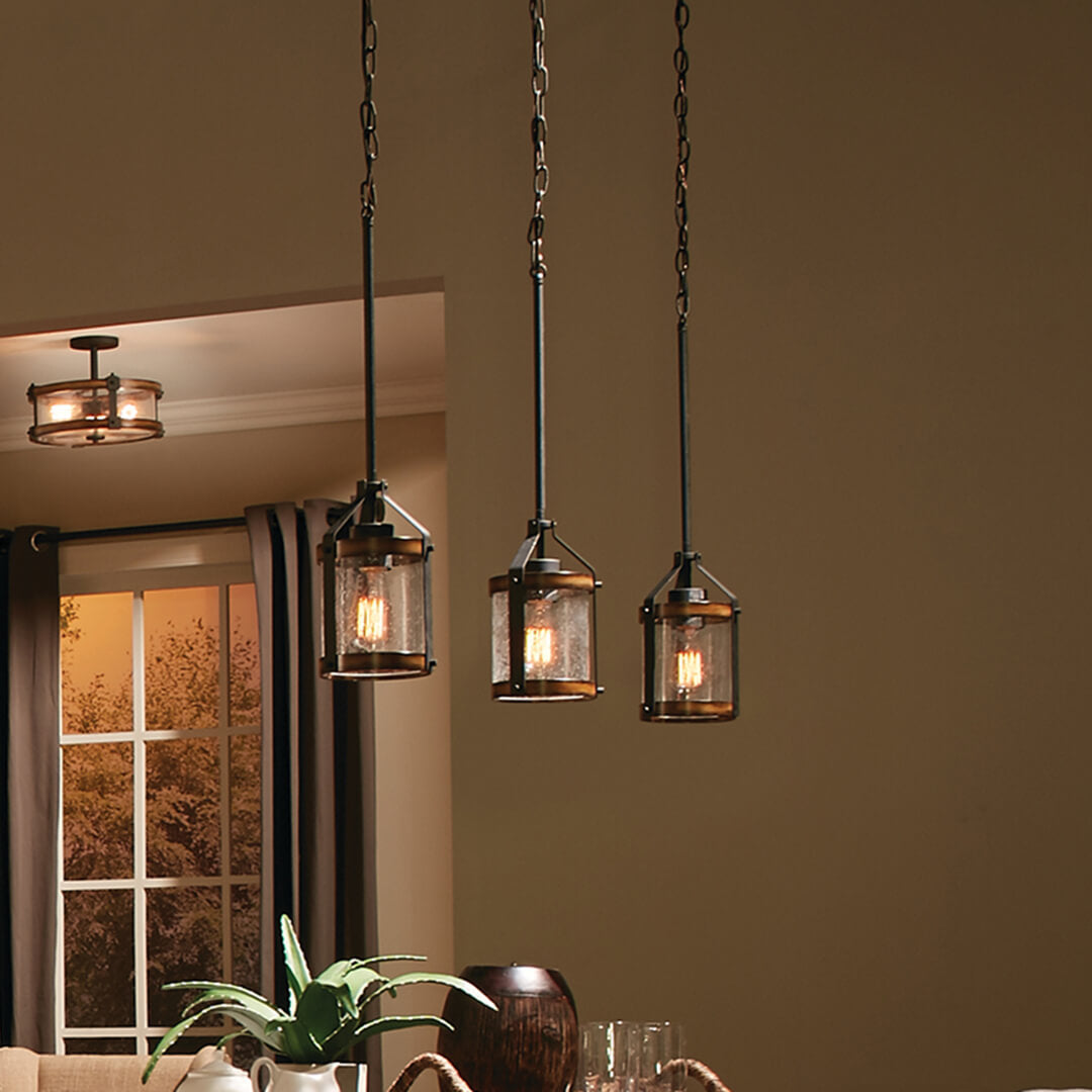 Kichler Barrington Distressed Black & Wood Rustic Seeded Glass Cylinder Mini Pendant Light, 10 in H x 5.5 in Dia