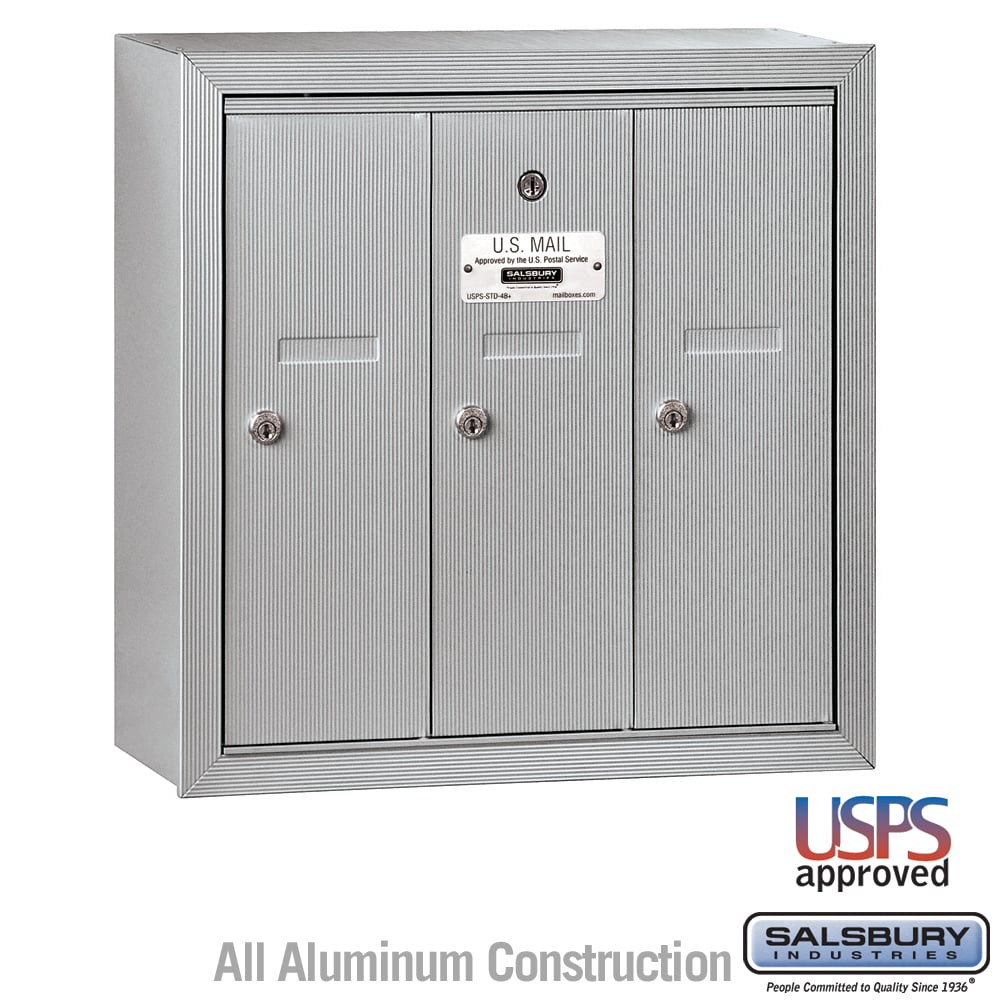 Salsbury Aluminum Surface-Mounted USPS Access Vertical Mailbox with 3 Doors, 18.75" W x 19" H x 7.5" D