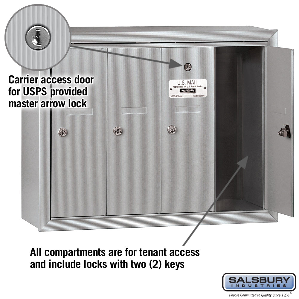 Salsbury Aluminum Surface-Mounted USPS Access Vertical Mailbox with 4 Doors, 24.25"W x 19"H x 7.5"D