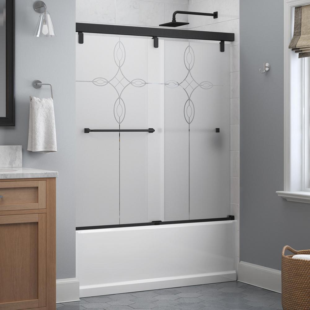 Everly 60 in. x 59-1/4 in. Mod Semi-Frameless Sliding Bathtub Door in Nickel and 1/4 in. (6mm) Mozaic Glass - Super Arbor