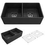 Classico Farmhouse Apron Front Fireclay 33 in. Double Bowl Kitchen Sink with  Bottom Grid and Strainer in White - Super Arbor