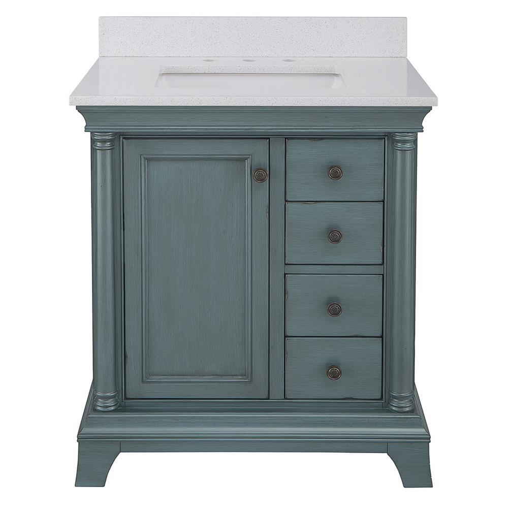 Strousse 37 in. W x 22 in. D Vanity in Distressed Blue Fog with Engineered Stone Top in Ice Diamond with White Sink - Super Arbor