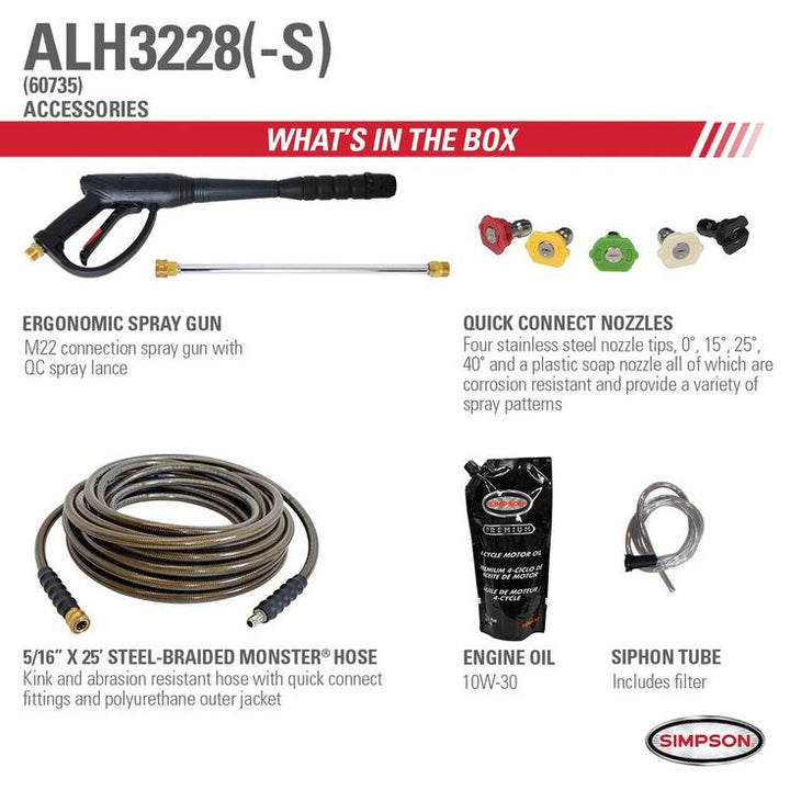 Simpson Aluminum ALH3228-S 3400 PSI at 2.5 GPM HONDA GX200 Cold Water Pressure Washer