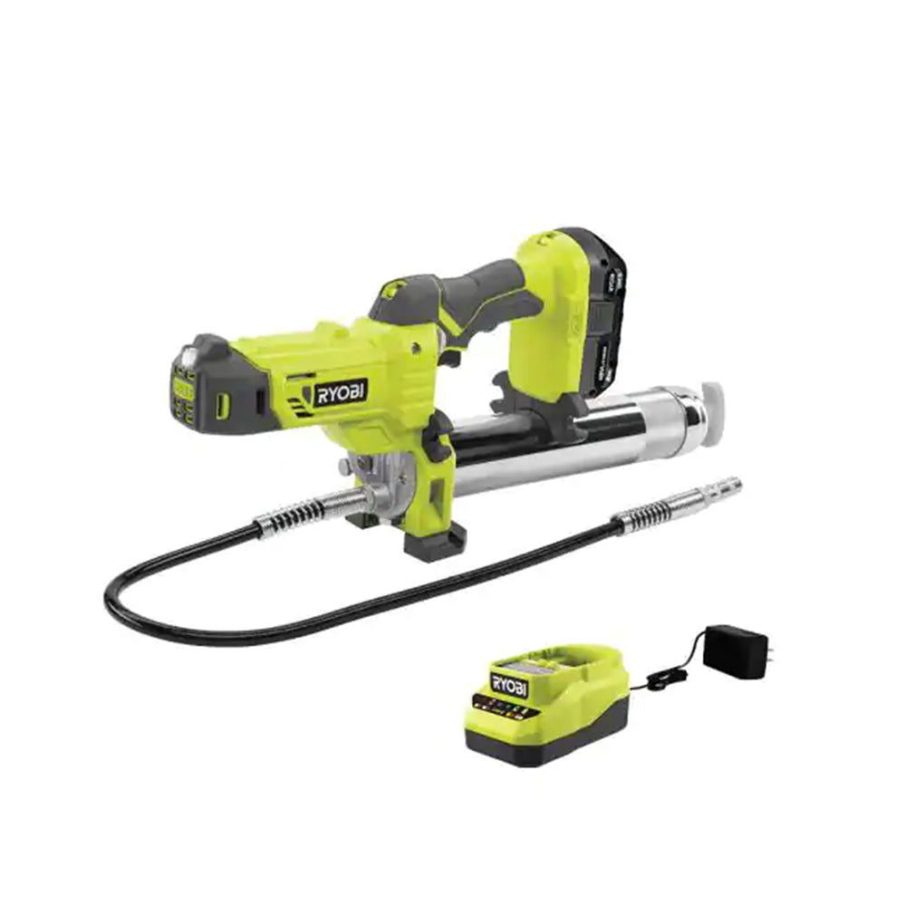 RYOBI ONE+ 18V Cordless Grease Gun Kit with 2.0 Ah Lithium-Ion Battery and Dual Chemistry Charger