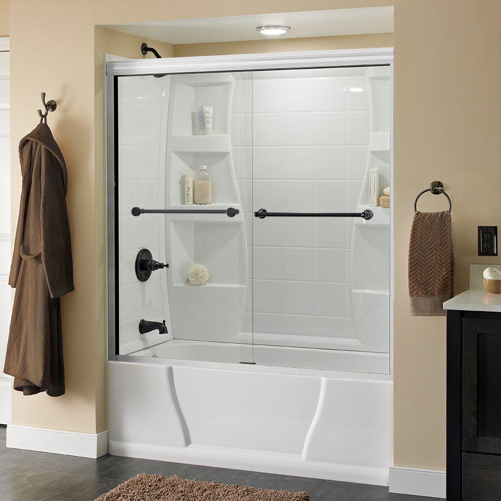 Crestfield 60 in. x 58-1/8 in. Traditional Semi-Frameless Sliding Bathtub Door in Bronze and 1/4 in. (6mm) Niebla Glass - Super Arbor