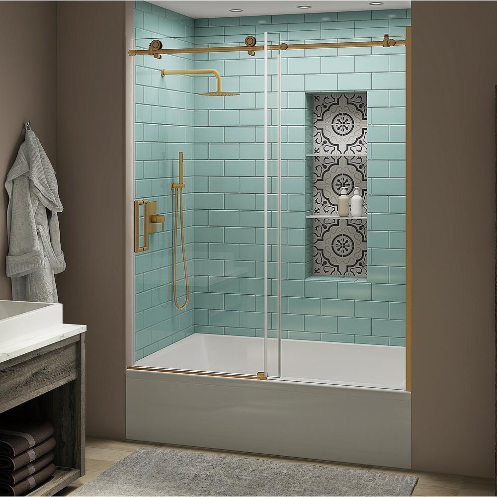 Coraline XL 56 - 60 in. x 70 in. Frameless Sliding Tub Door with StarCast Clear Glass in Stainless Steel, Left Opening - Super Arbor
