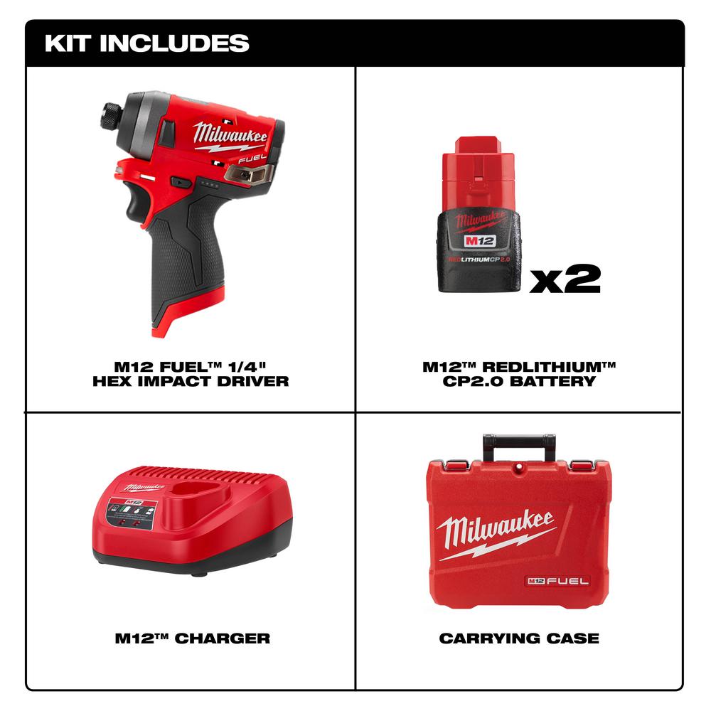 M12 FUEL 12-Volt Lithium-Ion Brushless Cordless 1/4 in. Hex Impact Driver Kit w/Two 2.0Ah Batteries, Charger&Hard Case - Super Arbor