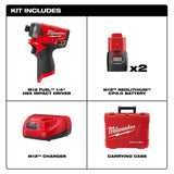 M12 FUEL 12-Volt Lithium-Ion Brushless Cordless 1/4 in. Hex Impact Driver Kit w/Two 2.0Ah Batteries, Charger&Hard Case - Super Arbor