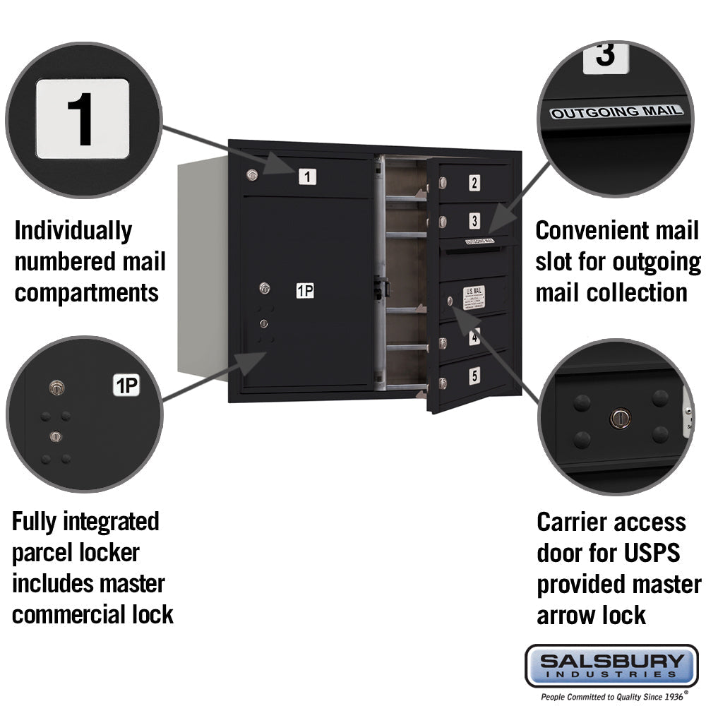 6 Door High Recessed Mounted 4C Horizontal Mailbox with Parcel Locker - Black, USPS Approved