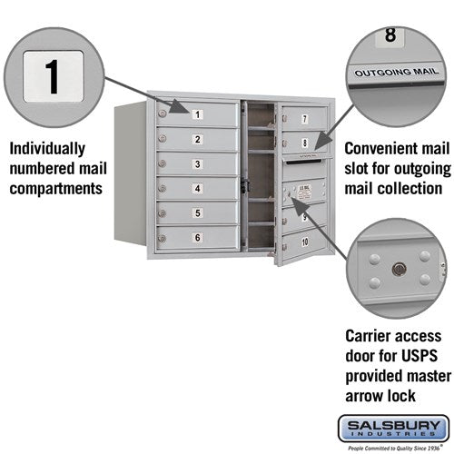 6 Door High Recessed Mounted 4C Horizontal Mailbox with 10 Doors in Aluminum - Front Loading