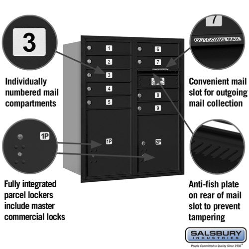 10 Door High Recessed Mounted 4C Horizontal Mailbox with Parcel Lockers - Black, Rear Loading