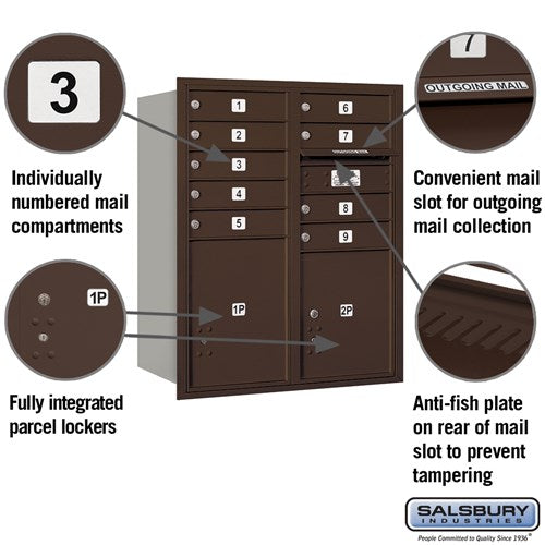 10 Door High Recessed Mounted 4C Horizontal Mailbox with Parcel Lockers - Bronze - USPS Approved