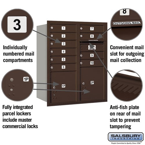 10 Door High Recessed Mounted 4C Horizontal Mailbox with Parcel Lockers - Bronze