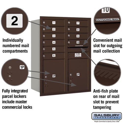 11-Door High Recessed Mounted Mailbox with Parcel Lockers - Bronze - Rear Loading