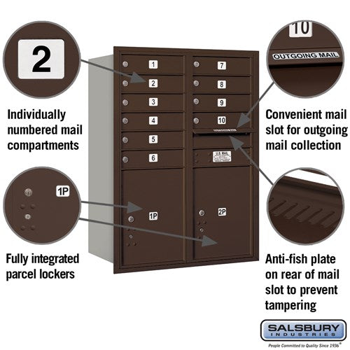 11-Door High Recessed Mounted 4C Horizontal Mailbox with Parcel Locker - Bronze, Rear Loading