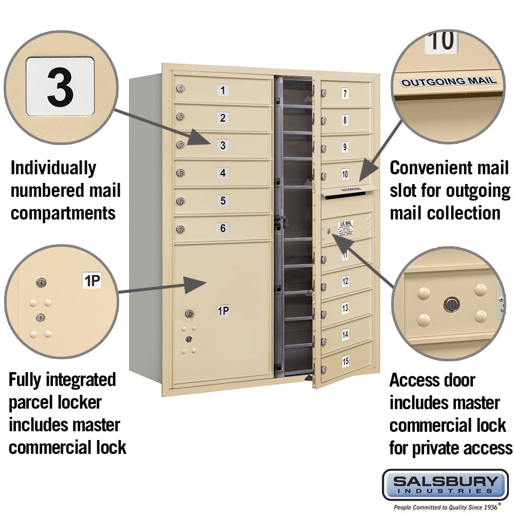 Salsbury Industries 11-Door High Recessed Mounted Mailbox with Parcel Locker, Sandstone