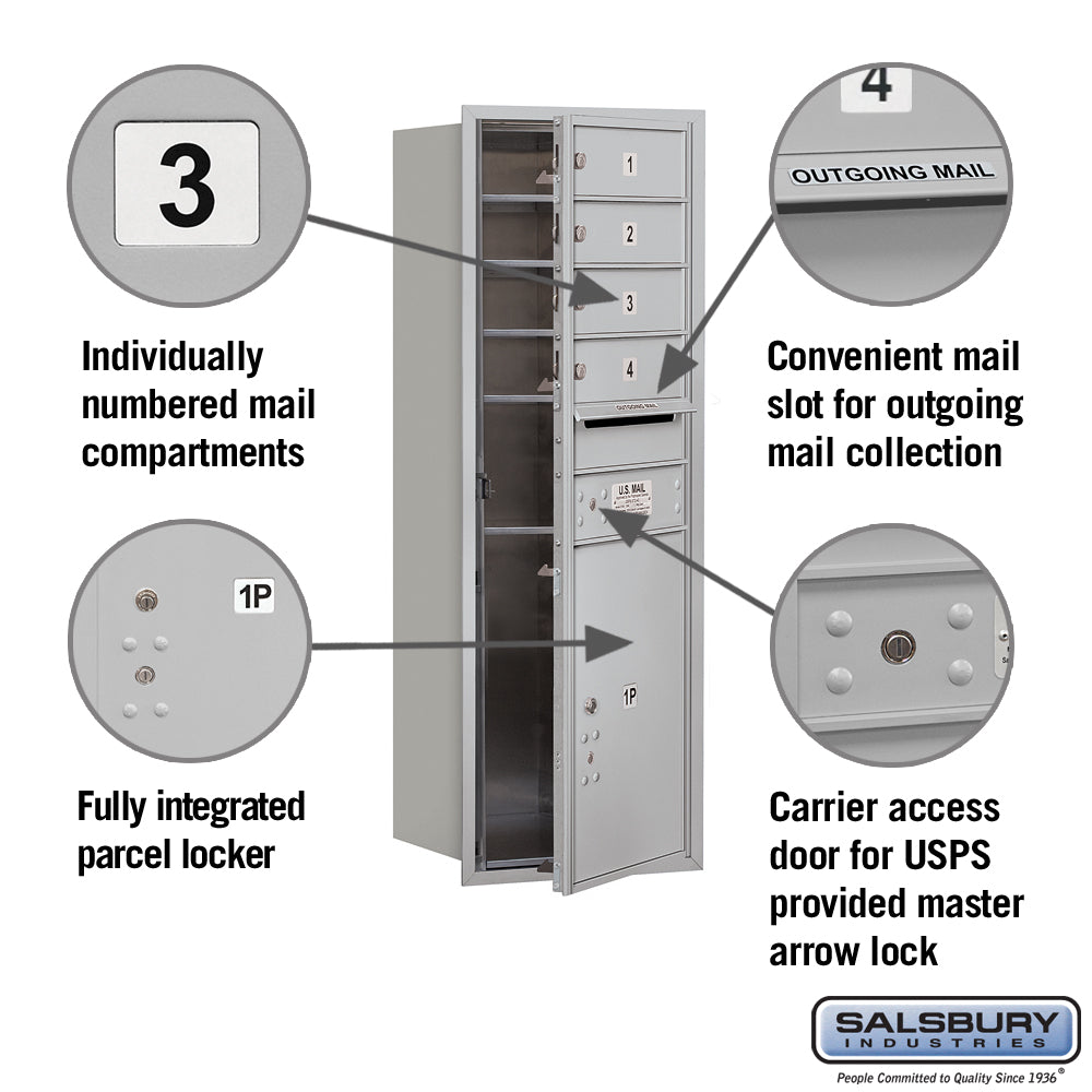 Salsbury Industries 41 in. H x 16-3/4 in. W Aluminum Front-Loading 4C Horizontal Mailbox, 4 MB1 Doors with 1 PL5 Parcel Locker