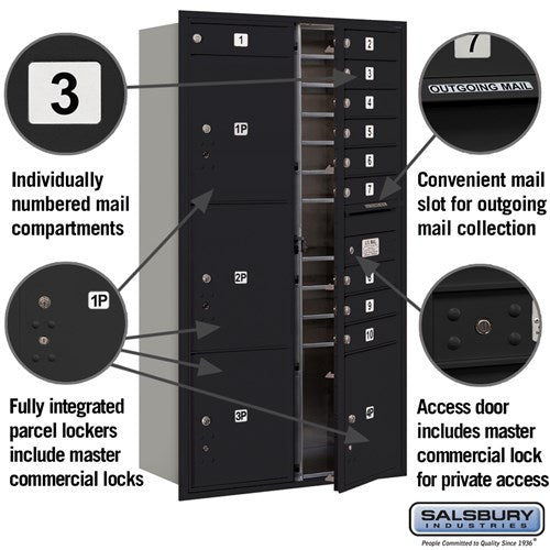 Maximum Height Recessed Mounted 4C Horizontal Mailbox with 10 Doors and 4 Parcel Lockers in Black with Private Access - Front Loading