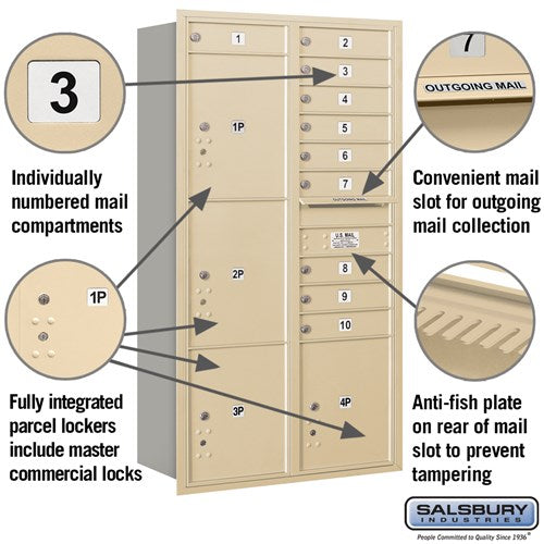 Maximum Height Recessed Mounted 4C Horizontal Mailbox with 10 Doors and 4 Parcel Lockers - Rear Loading