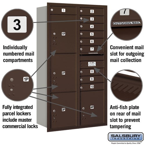 Maximum Height Recessed Mounted 4C Horizontal Mailbox with 10 Doors and 4 Parcel Lockers - Rear Loading