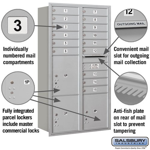 Maximum Height Recessed Mounted 4C Horizontal Mailbox with 15 Doors and 3 Parcel Lockers - Rear Loading