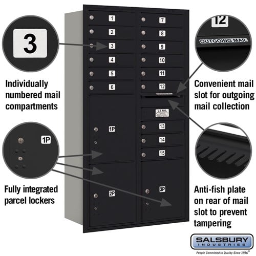 Maximum Height Recessed Mounted 4C Horizontal Mailbox with 15 Doors and 3 Parcel Lockers - Rear Loading