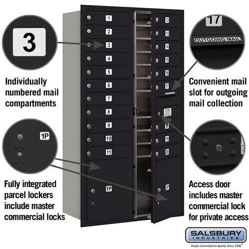 Maximum Height Recessed Mounted 4C Horizontal Mailbox with 20 Doors and 2 Parcel Lockers - Black - Rear Loading