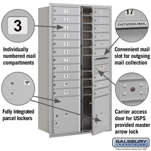 Maximum Height Recessed Mounted 4C Horizontal Mailbox with 20 Doors and 2 Parcel Lockers - Rear Loading