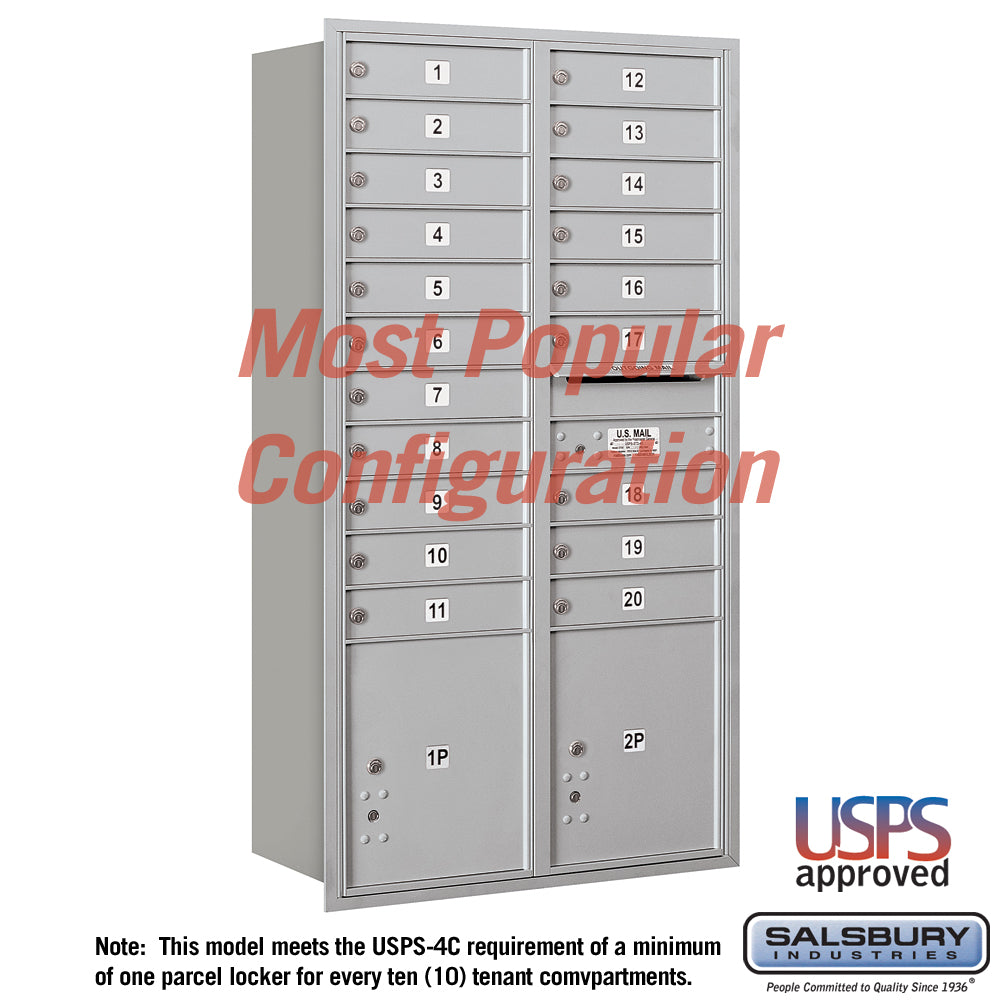 Salsbury 4C Horizontal Mailbox, Front-Loading, Aluminum, 56-3/4 in H x 31-1/8 in W, 20 MB1 Doors with 2 Parcel Lockers