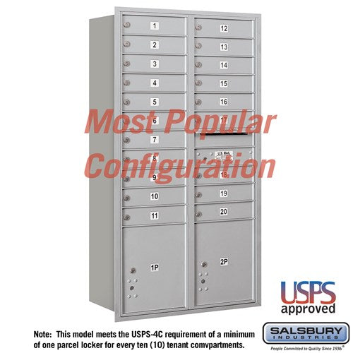 Maximum Height Recessed Mounted 4C Horizontal Mailbox with 20 Doors and 2 Parcel Lockers - Rear Loading