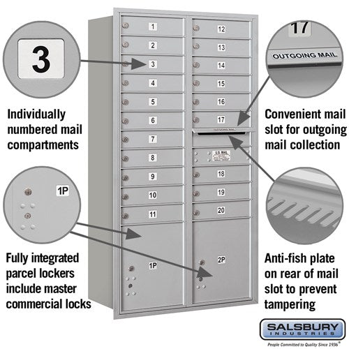 Maximum Height Recessed Mounted 4C Horizontal Mailbox with 20 Doors and 2 Parcel Lockers - Rear Loading