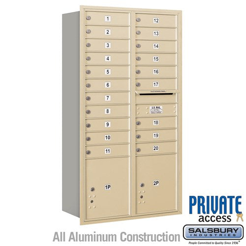 Maximum Height Recessed Mounted 4C Horizontal Mailbox with 20 Doors and 2 Parcel Lockers in Sandstone