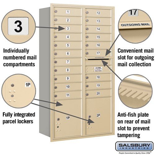 Maximum Height Recessed Mounted 4C Horizontal Mailbox with 20 Doors and 2 Parcel Lockers in Sandstone