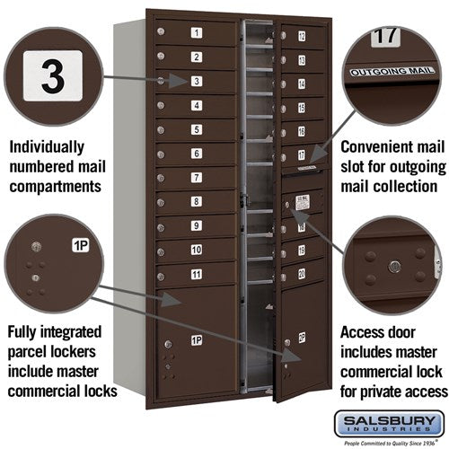 Maximum Height Recessed Mounted 4C Horizontal Mailbox with 20 Doors and 2 Parcel Lockers in Bronze with Private Access