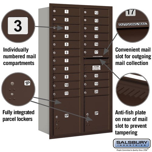 Maximum Height Recessed Mounted 4C Horizontal Mailbox with 20 Doors and 2 Parcel Lockers - Rear Loading