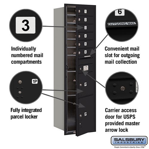 Maximum Height Recessed Mounted 4C Horizontal Mailbox with 6 Doors and 2 Parcel Lockers - Black - USPS Access