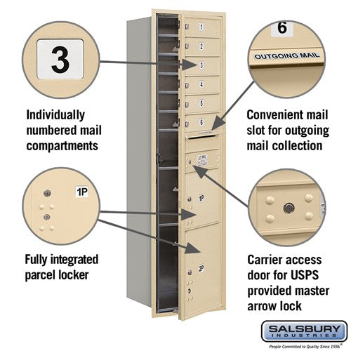 Maximum Height Recessed Mounted Mailbox with 6 Doors and 2 Parcel Lockers in Sandstone