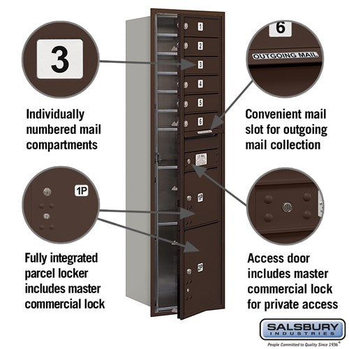6 Door High Recessed Mounted 4C Horizontal Mailbox with Parcel Locker in Bronze - Private Access