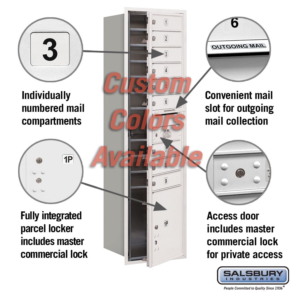 Salsbury Recessed Mounted 4C Horizontal Mailbox, Maximum Height, Single Column, 9 MB1 Doors + 1 PL4.5 Parcel Locker, Custom Color, Front Loading, Private Access