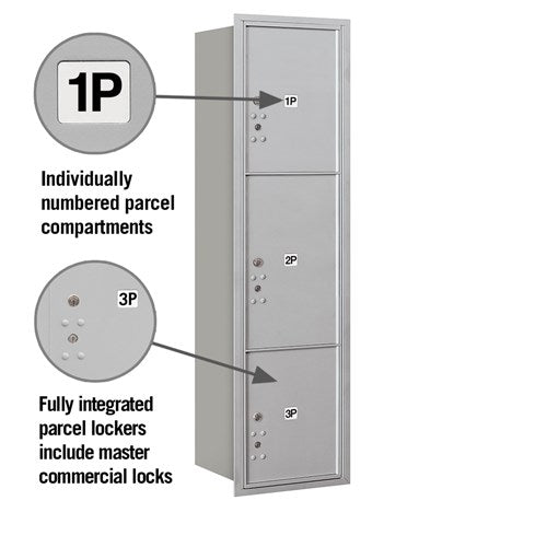 Maximum Height Recessed Mounted 4C Horizontal Parcel Locker with 3 Parcel Compartments - Rear Loading