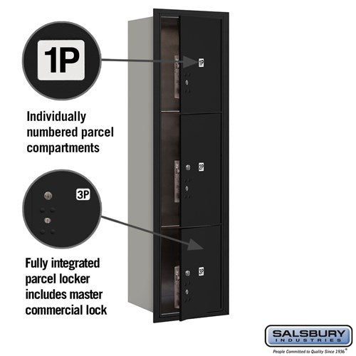 Maximum Height Recessed Mounted 4C Horizontal Parcel Locker with 3 Compartments - Black - Front Loading