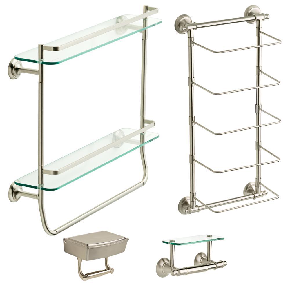 20 in. W Double Glass Shelf with Towel Bar in Brushed Nickel - Super Arbor