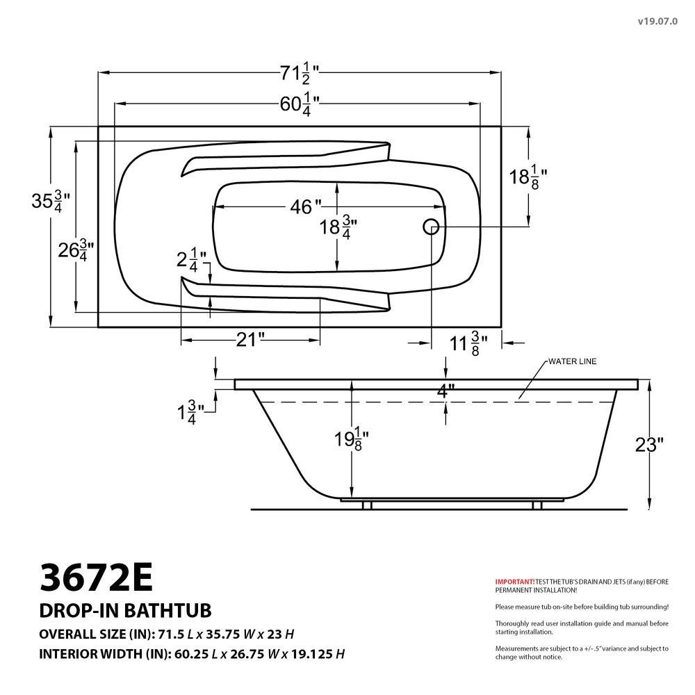 Coral Diamond Series 6 ft. Left Drain Rectangular Drop-in Whirlpool and Air Bath Tub in White - Super Arbor
