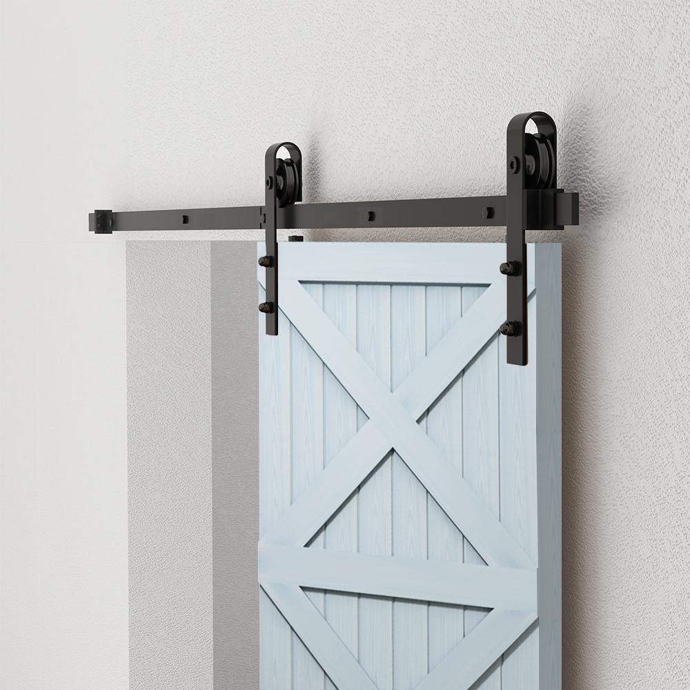 8 ft./96 in. Black Steel Bent Strap Sliding Barn Door Track and Hardware Kit with 12 in. Square Handle and Floor Guide - Super Arbor