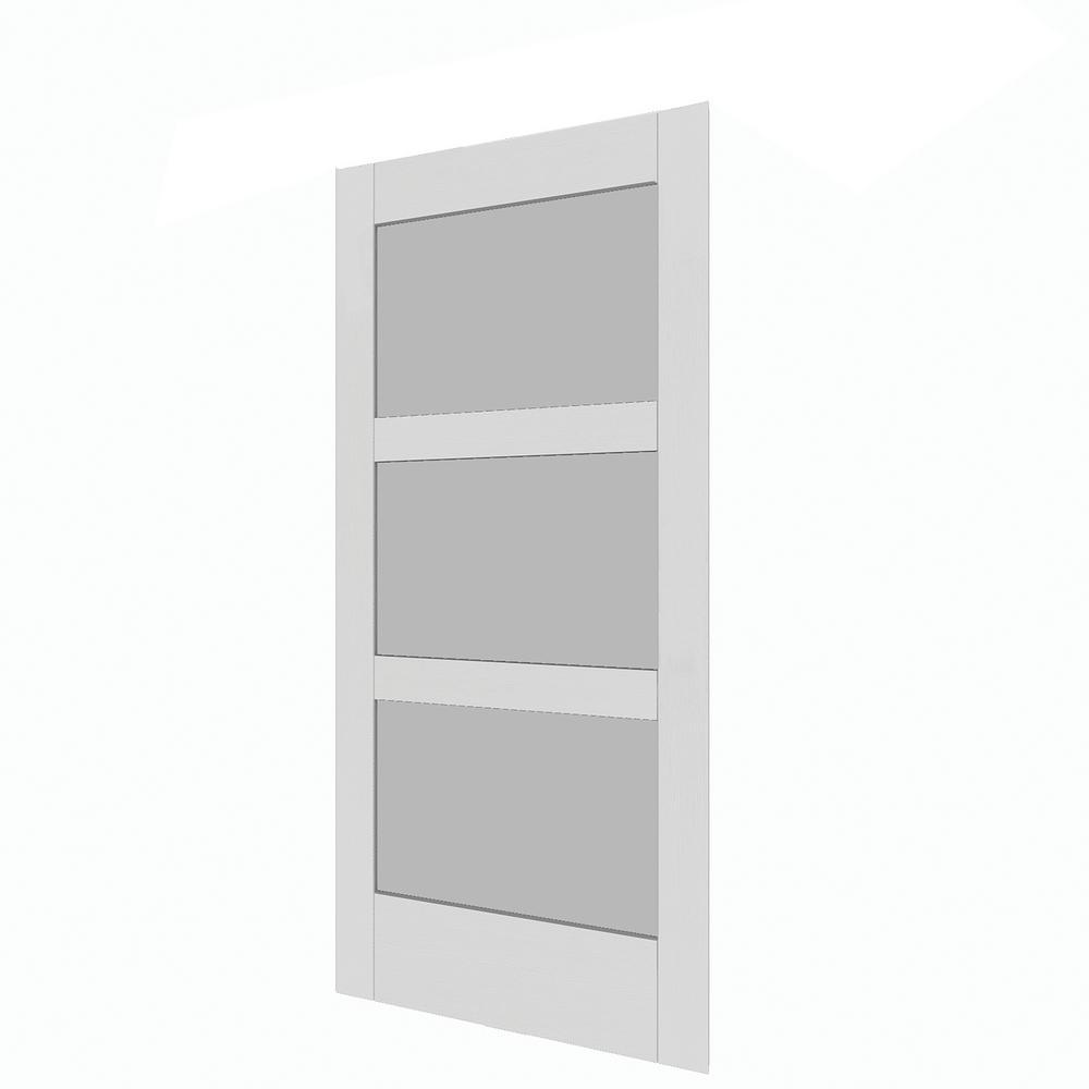 37 in. x 84 in. 3-Lite Full Frosted Glass White Vinyl Finish MDF Sliding Barn Door Slab - Super Arbor