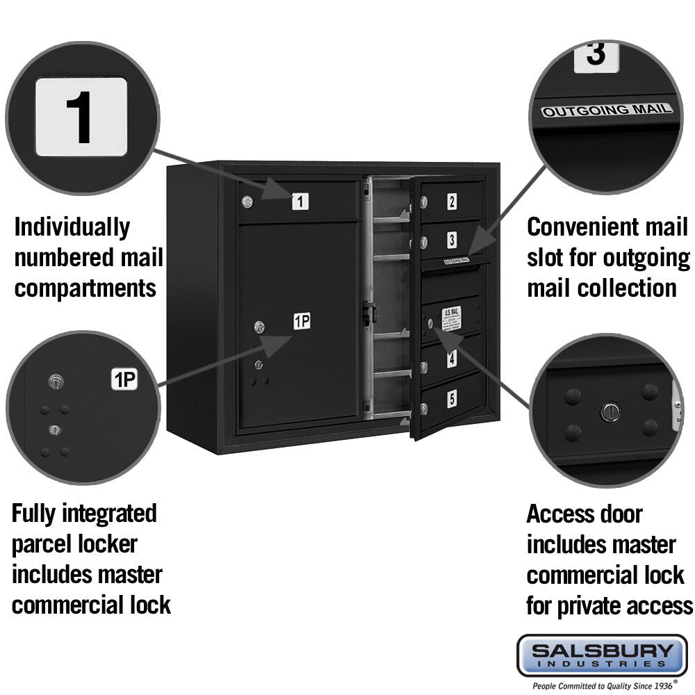 6-Door Surface Mounted Mailbox with Parcel Locker in Black