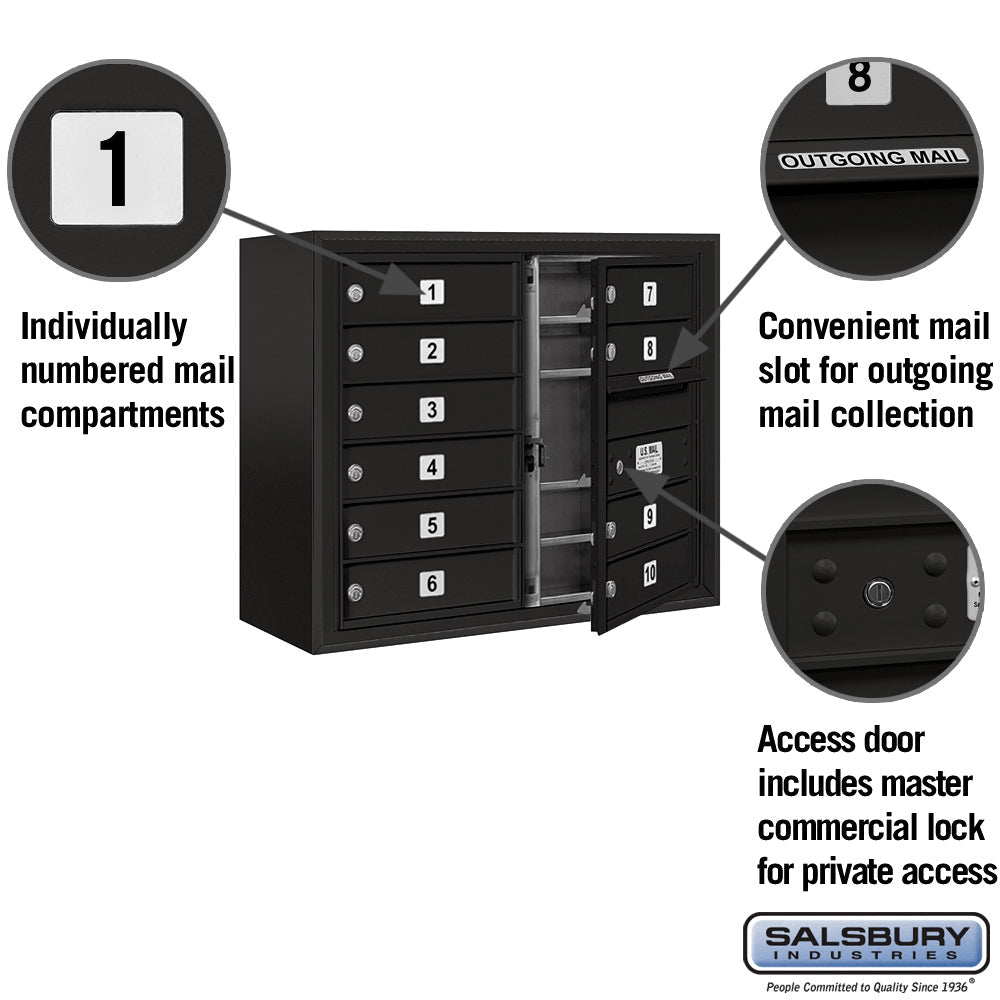 6 Door High Surface Mounted 4C Horizontal Mailbox with 10 Doors in Black with Private Access