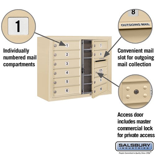 6 Door High Surface Mounted 4C Horizontal Mailbox with 10 Doors in Sandstone with Private Access