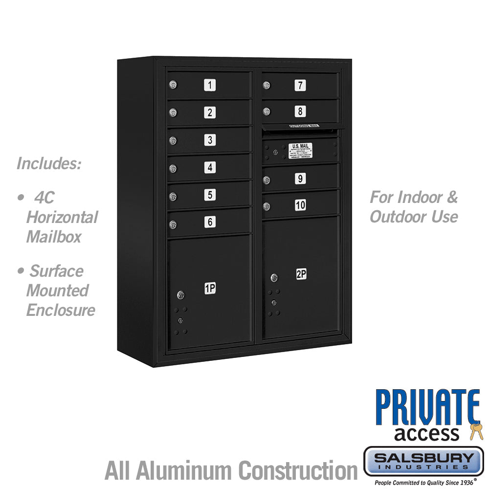 10 Door High Surface Mounted 4C Horizontal Mailbox with Parcel Lockers in Black