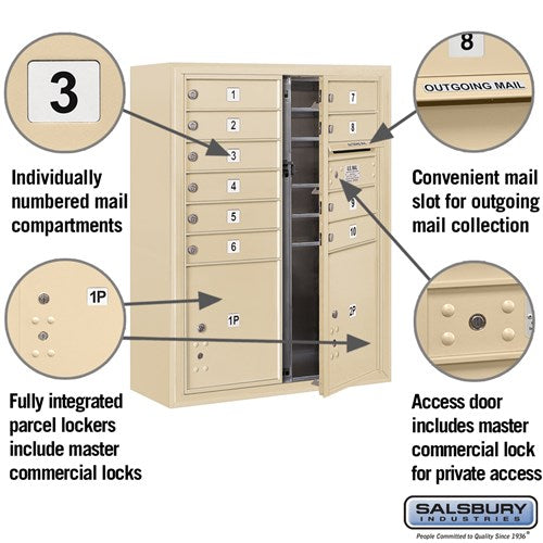 10 Door High Surface Mounted 4C Horizontal Mailbox with Parcel Lockers in Sandstone